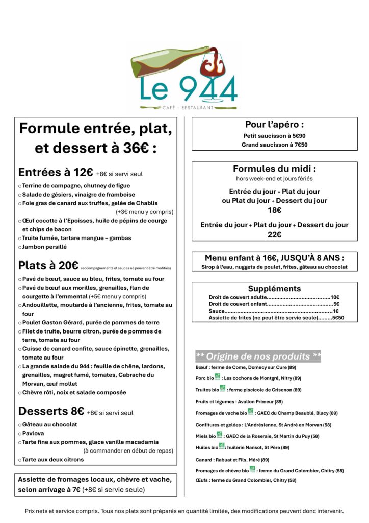 Menus et carte du restaurant Le 944