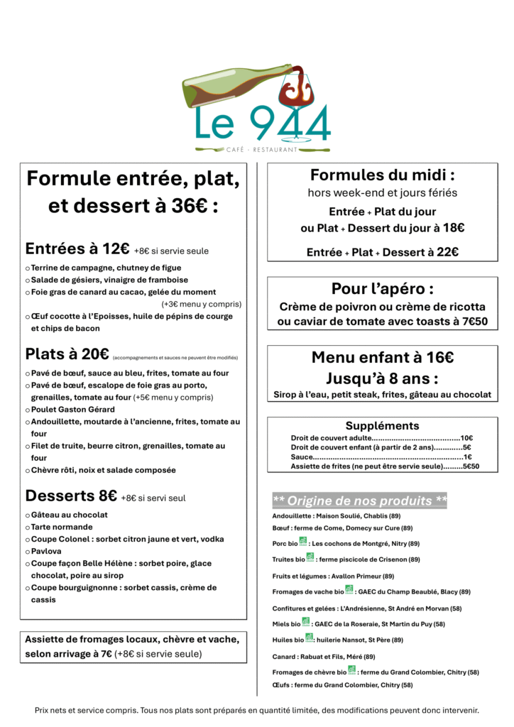 carte et menu du restaurant Le 944